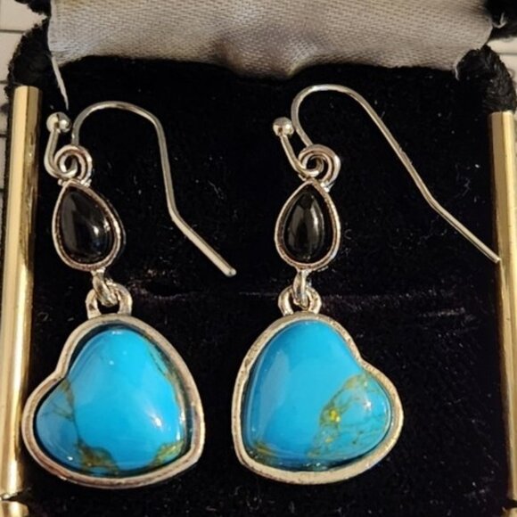 New Womens Turquoise & Onyx Silver Dangle Earrings - Picture 1 of 3
